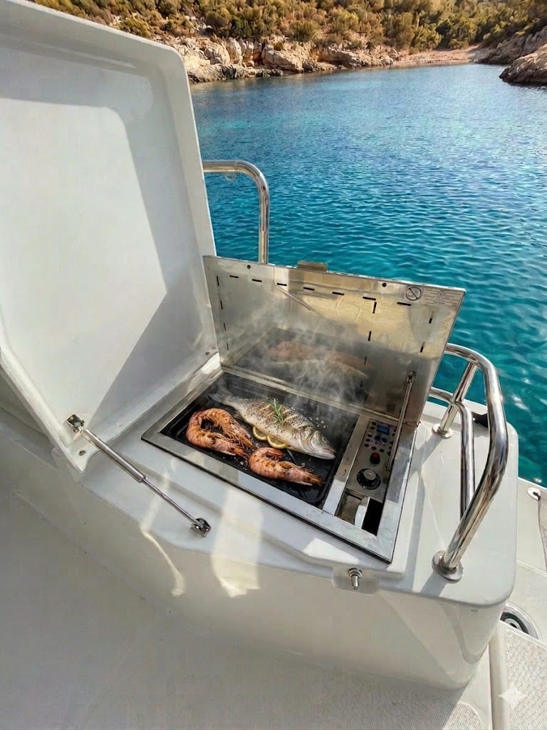 Plancha a gas in pozzetto con pesce alla griglia e una cala turchese sullo sfondo